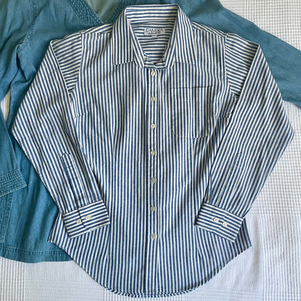 CAMIXA RINA NAVY BLUE PIN STRIPES SLIM-FIT LINEN SHIRT Sz S